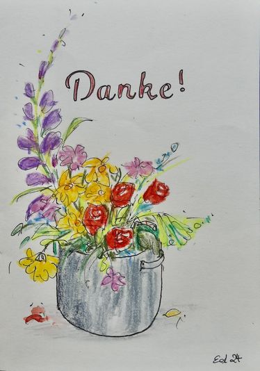 Kleine Karte Danke, Finliner, Aquarellstifte