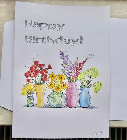 Birthdaykarte groß. Aquarellstifte und Fineliner